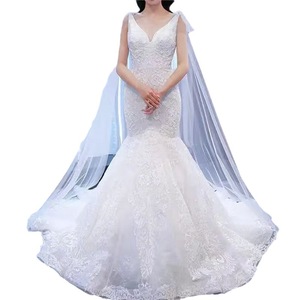 Mermaid Wedding Dress V-Neck <b>Lace</b> Ivory <b>White</b> With Cape Simple Style For Bridal - Product Image 2