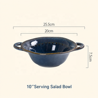 Bol de service en grès écologique bleu profond avec glaçure réactive, rayures sculptées, fait main, artisanal de qualité supérieure, compatible four