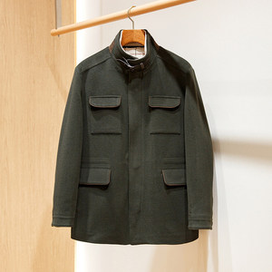 <span class=keywords><strong>Giacca</strong></span> Bomber da <span class=keywords><strong>Uomo</strong></span> di Lusso in Lana e <span class=keywords><strong>Cashmere</strong></span> a Doppia Faccia con Finiture in Pelle, Modello M65 Lungo Premium Verde Scuro con 4 Tasche - Product Image 1