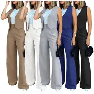 नवीनतम डिज़ाइन दो पीस सेट महिलाओं के कपड़े कार्यालय महिला सूट वास्कट वाइड लेग पैंट सेट महिलाओं के लिए 2 पीस आउटफिट