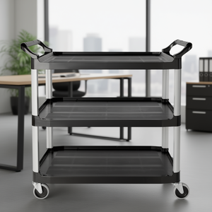 Carrello portaoggetti a 3 ripiani in plastica nera con ruote per uso in cucina o ufficio - Product Image 3