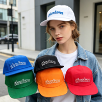 Casquette de camping multi-couleurs à 5 panneaux, 100 % coton, logo brodé, profil bas, non structurée, visière plate, chapeau de sport pour homme