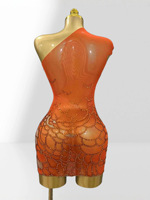 Robe moulante de luxe orange à une épaule ornée de strass en maille transparente pour performance scénique féminine