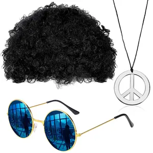 嬉皮士服装套装时髦的非洲假发太阳镜和平标志项链50/60/70年代主题派对