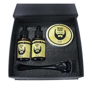 Set Minyak Penumbuh Jenggot Organik Label Pribadi Aroma Kustom untuk Pria, Minyak Jenggot dan Set Kotak Rol Derma