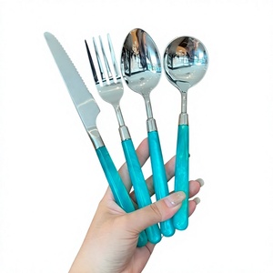 <b>Reusable</b> Stainless Steel Spoons Fork Knife 4 Pcs Metal <b>Cutlery</b> <b>Set</b> With Blue Resin Handles Eco Friendly Dishwasher Safe Latest - Product Image 1