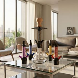 Moderno Set de Hookah de Cristal con Base de Madera, Vástago de Metal Negro y Kit de Tubos Multicolor para Salón y Uso Doméstico - Product Image 5