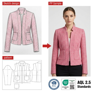 Blazer Rosa in <span class=keywords><strong>Tweed</strong></span> Personalizzato con Collo alla Coreana e Taglio Sartoriale per <span class=keywords><strong>Donna</strong></span> - Product Image 1