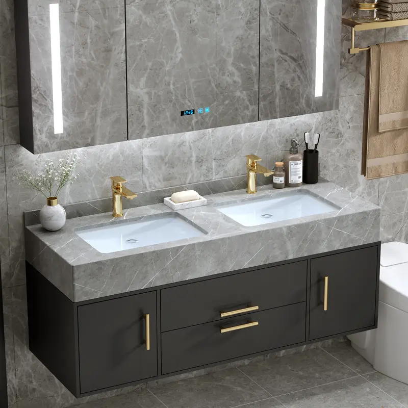 Salle de bains vanité en céramique comptoir éviers avec mur suspendu armoire lavabo marbre salle de bain meubles LED miroir ensemble complet
