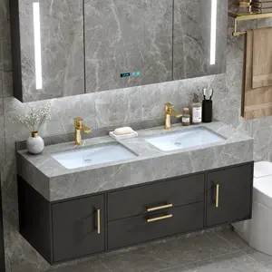 Bathroom Vanity Ceramic Countertop Sinks with Wall Hung Cabinet Washing Basin Marble Bathroom Furniture LED Mirror Complete Set