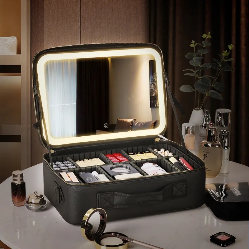 Portable grande capacité cosmétique organisateur sac maquillage étui voyage stockage étanche toilette maquillage brosse sac avec miroir led