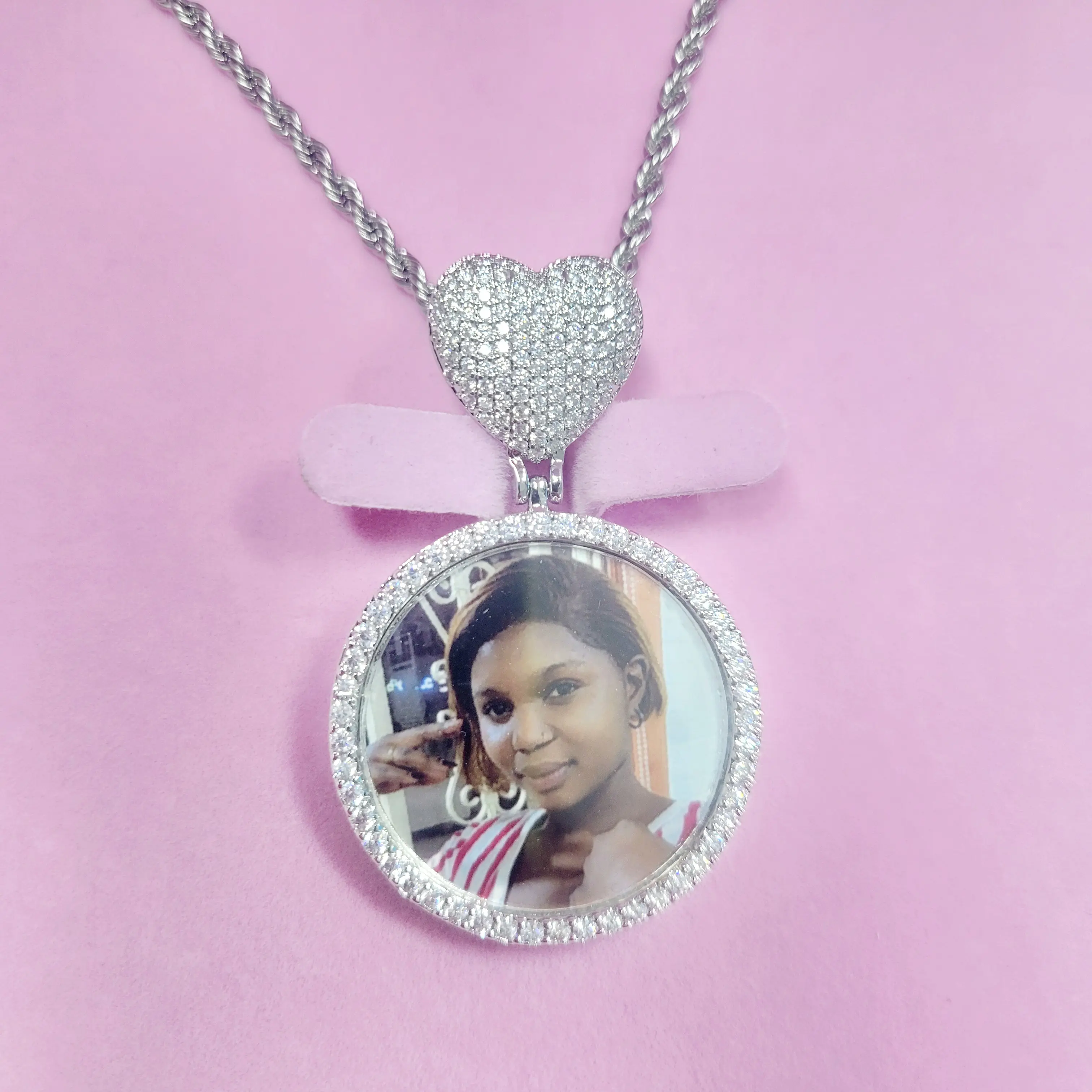 Trendy Heart Hook CZ Foto Kosong Liontin Kustom Lingkaran Gambar Kalung Baru Pesona Memori Wanita Pria Perhiasan