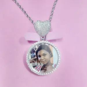 Trendy Herz Haken CZ Blank Foto Anhänger Benutzer definierte Kreis Bilder Halskette Neue Charms Memory Frauen Mann Schmuck