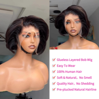 Perruques Courtes Ondulées Pixie Cut Sans Colle en Cheveux Humains, Coupe Droite, Bob Dégradé, Perruques Full Lace pour Femmes Noires