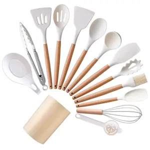 12 pièces d'ustensiles de cuisine en silicone avec manche en bois outils de cuisine ustensiles de cuisine avec boîte