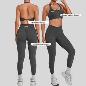 Ensembles de vêtements de sport respirants pour femmes, effet seconde peau, avec soutien-gorge à fermeture éclair et dos croisé, pour la gym, le yoga et le fitness, 2 pièces - Product Image 1