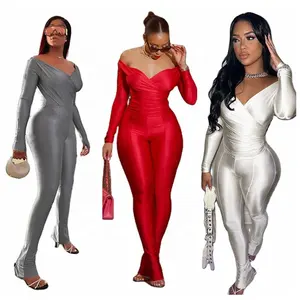 Kanaal 7 Kleuren V Hals Duim Door Lange Mouw Wikkel Top En Split Zoom Bodycon Broek 2 Stuk Casual Set Vrouwen 2023