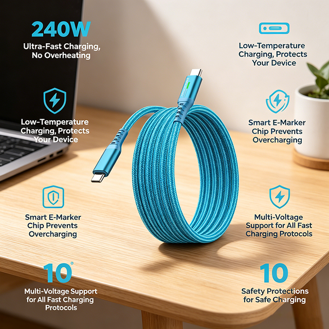 240W USB C to USB C Fast Charging Cable 6A 480Mbps Nylon Braided E-Marker Chip for iPhone 15 17Pro Max 10000+ Bends Tested Cable