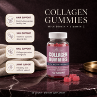 Gummies à la biotine, vitamine C et collagène, favorisent la santé des cheveux, l'éclat de la peau, la solidité des ongles et la flexibilité des articulations