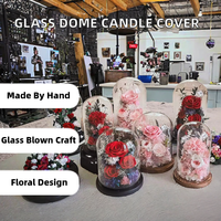 Cloche en verre soufflé transparent fait main, anti-poussière, avec base en bois, pour bougie décorative de table, idéale pour la Saint-Valentin