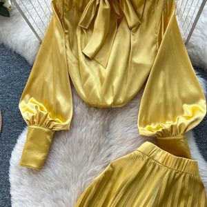 Độc đáo BOW TIE đèn lồng tay áo hàng đầu cao EO XẾP LI quần ống rộng đặt phụ nữ thanh lịch hai mảnh trang phục - Product Image 2