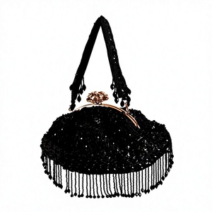 Sac de soirée demi-lune noir à perles avec fermoir doré et franges, sac à bandoulière - Product Image 1