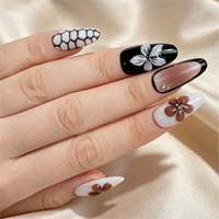 Vente en gros de faux ongles personnalisés à étiquette privée, forme amande, noir et blanc, fleurs 3D, nid d'abeille, marron brillant