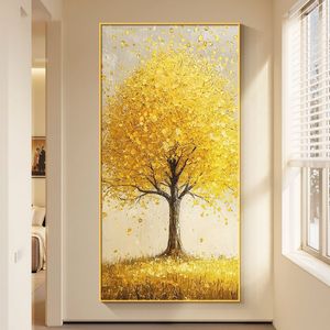 Golden Money Tree Oil <b>Canvas</b> Painting Vertical Framed <b>Wall</b> Art For Entryway Hallway Decor - Product Image 1