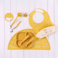 Nouveauté BBEAN Ensemble repas bébé écologique jaune, bol et assiette en silicone à forte succion, design floral, comprend des bavoirs d'alimentation
