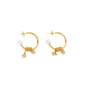 Fashion Drop <b>Earrings</b> <b>Gold</b> Plated 316L Stainless Steel Pearl Bead <b>Dangle</b> Hoop <b>Earrings</b> - Product Image 2