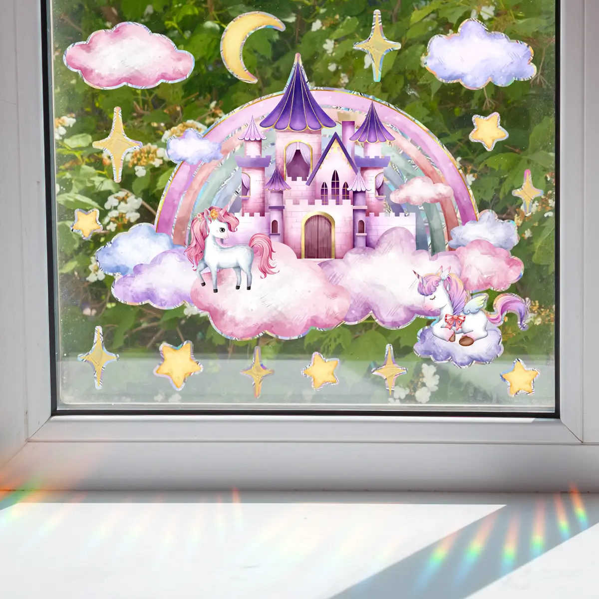 New sun catcher sticker unicorn castle cartoon character star dazzling colour double-sided stickers self-adhesive