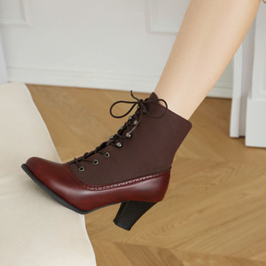 Botines de Mujer con Cordones, Punta Redonda, Tacón Cuadrado, de Cuero Genuino, Color Marrón Sólido, Transpirables, Altura Media, para Otoño - Product Image 5