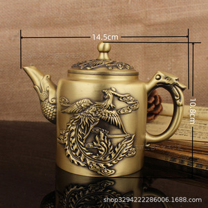 Artigianato in ottone di Dington, antichità, articoli in rame, rilievi, teiera con <span class=keywords><strong>cento</strong></span> benedizioni, drago, fenice, brocca per vino Qilin, per il tè o per la casa - Product Image 5
