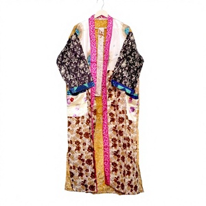 Bata de seda floral de manga larga para mujer, elegante, sin cuello, suave, para otoño, lavado a mano - Product Image 1