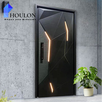 Porte d'entrée double géométrique futuriste avec accent LED, serrure intelligente et sécurité renforcée pour villa