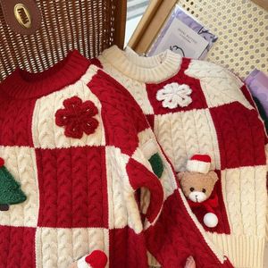 Tongxingyuan Girls Sweater Red White Checkered Cartoon Christmas Knitwear Autumn Winter Warm Base Layer - Product Image 2