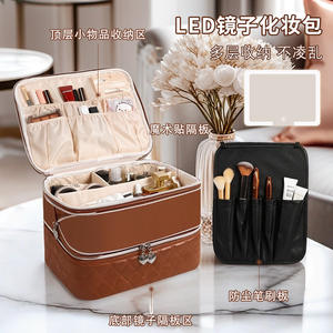 Estuche de Maquillaje Portátil con Espejo y Luz LED, Gran Capacidad, Cierre de Cremallera, Diseño a Cuadros, para Almacenamiento en el Hogar, Verano 2025 - Product Image 1