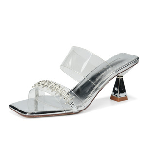 Sandales à talons carrés, bout transparent, strass, talon moyen, argentées, élégantes, chaussures de soirée - Product Image 5