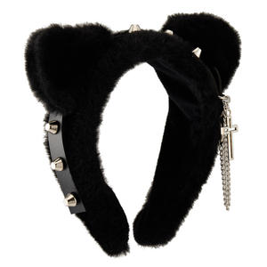 Diadema de Orejas de Gato Negras HLC para Cosplay, Diadema Ancha de Felpa con Orejas de Gato de Imitación, con Colgante de Cruz y Lazo, Diadema de Pelo con Orejas de Gato de Piel Sintética Remachada - Product Image 5