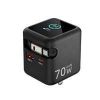 Chargeur mural rapide GaN PD 70W avec câble rétractable Type-C, écran tactile TFT, 2 ports USB-C, 1 port USB, prise UK JP EU US pour ordinateur portable