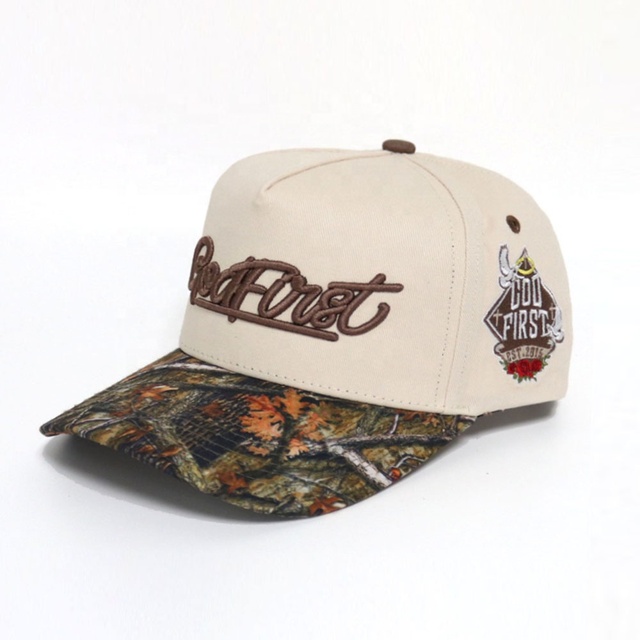 Custom Camo 5-Panel Baseball Cap Embroidered Logo Structure Curved Brim Outdoor Hunting Fishing Hide Printed Checkered Cap