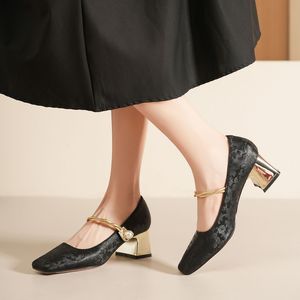 Escarpins Mary Jane à bout carré, talon carré, motif floral, bride unique, boucle décorative, chaussures pour femmes 5688-16 - Product Image 3
