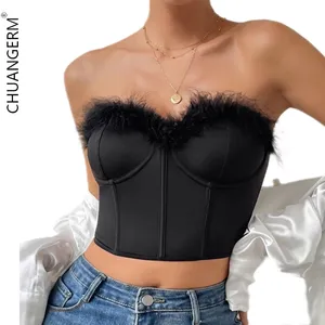 Chuangerm новый дизайн 2024 модная пикантная женская короткая пупочка с открытой спиной и стразами Противоскользящий сексуальный бюстгальтер Черный бюстье