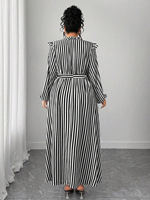 Robe longue chemise ample pour femmes grandes tailles, à rayures verticales noires et blanches, col montant, manches lanternes à volants et taille à nouer