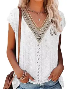 Wholesale V Neck Lace Crochet Splicing Blouses Elegant Short Sleeve Hollow Out Tops Fashion Loose Shirt Lady Casual Clothes