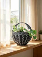 Panier à fleurs gris foncé aspect osier, poignée en tissu, doublure en plastique, pot de jardin extérieur