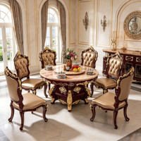Luxuriöses Europäisches Rundes Massivholz-Esszimmer-Set mit Rosa Marmorplatte und Drehbarem Serviertablett, PU-Leder-Stühlen für Villa und Zuhause, Großhandel