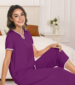Conjunto de Ropa de Dormir de Fibra de Bambú Azul Claro para Mujer, Manga Corta, Cuello en V, Pijama Casual de Verano, Disponible para Envío Inmediato, Suave y Cómodo - Product Image 3