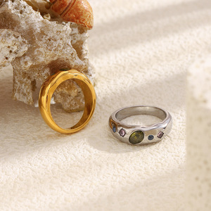 Anillo de banda de acero inoxidable con incrustaciones de piedras multicolor, moderno, vintage, grueso, apilable, para mujer, para uso diario y fiestas. - Product Image 4