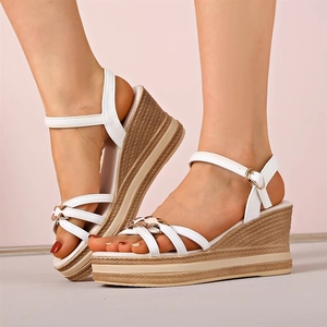 Sandales <span class=keywords><strong>compensées</strong></span> en lin à bout ouvert pour femmes, vente en gros d'usine - Chaussures plateforme <span class=keywords><strong>espadrilles</strong></span> à bride cheville pour l'été - Product Image 1